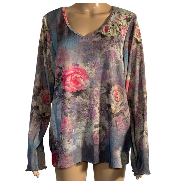 Xcit Tops - Xcit Women's Plus 1X Floral Rose V-Neck Long Sleeve Top NWT